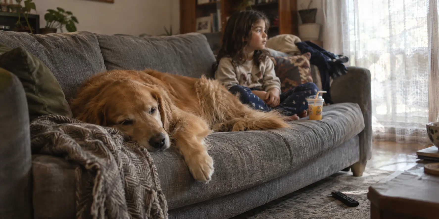 best sofa fabric for pets and kids UK shown in a lived-in family living room with a dog and child on a grey sofa