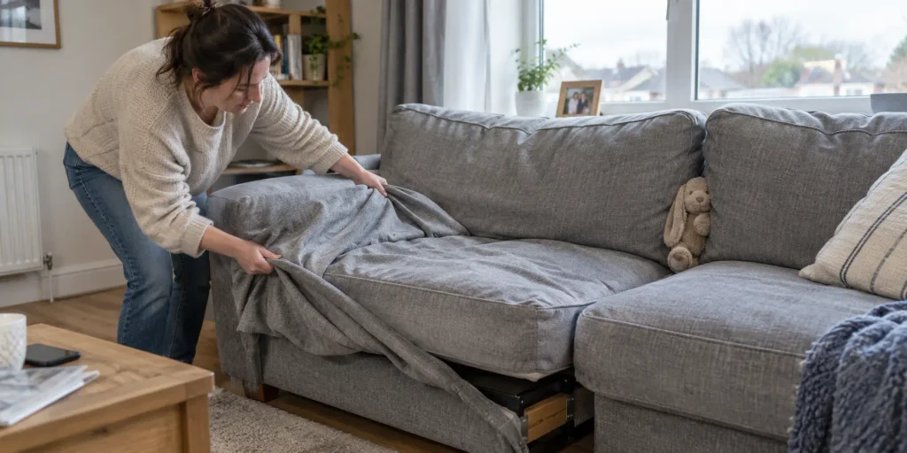 child friendly sofa fabric UK with woman removing washable sofa cover in a family living room