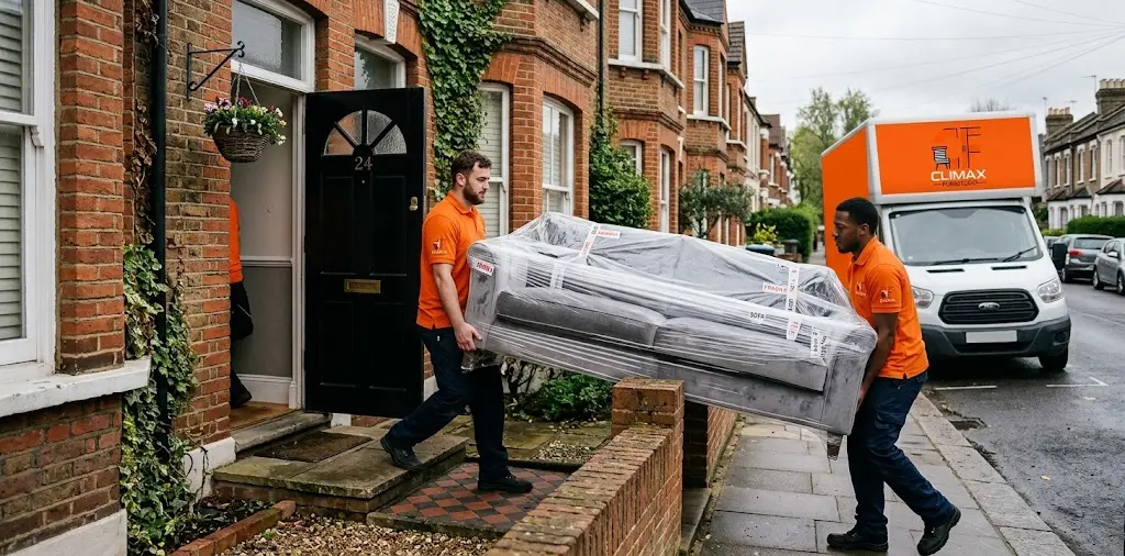 Climax Furniture buying guide – delivery team carrying a sofa into a UK home