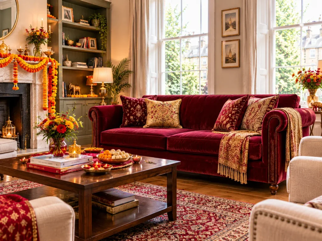 Guest-ready living room with velvet sofa for Diwali hosting