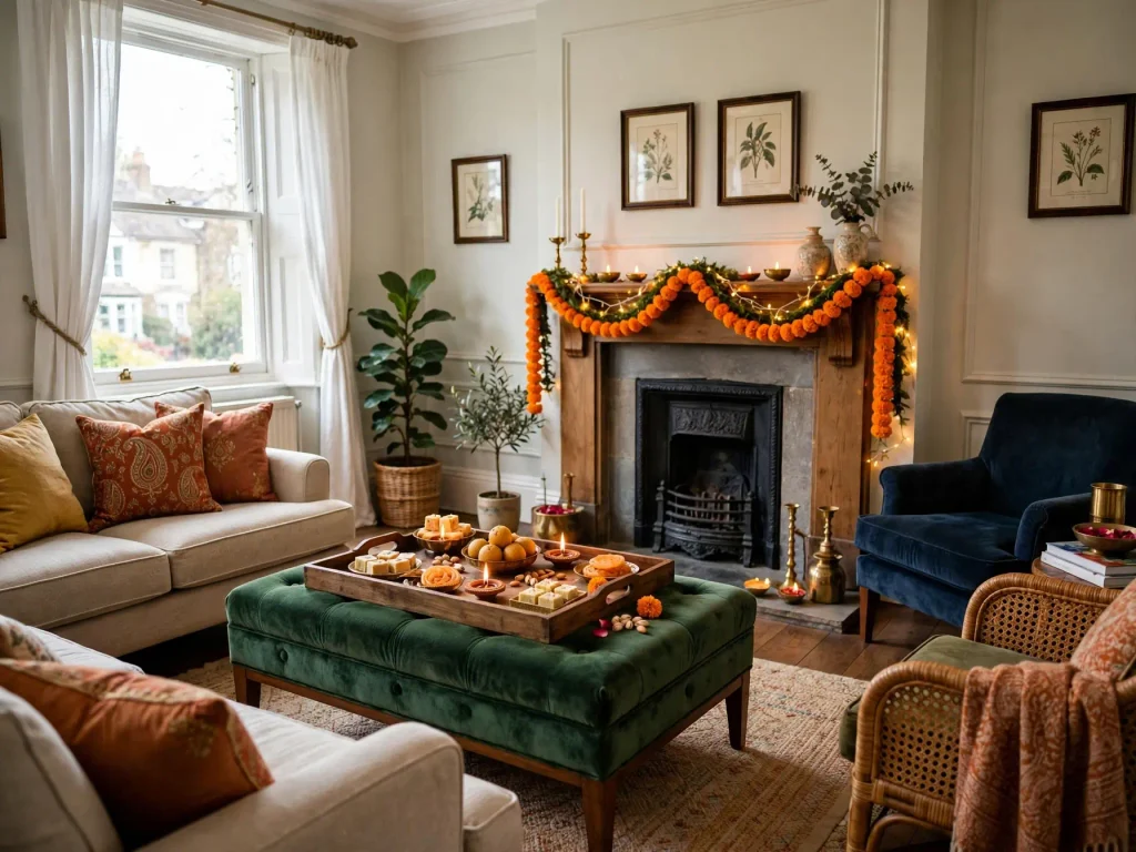 Storage ottoman used as coffee table for Diwali gatherings