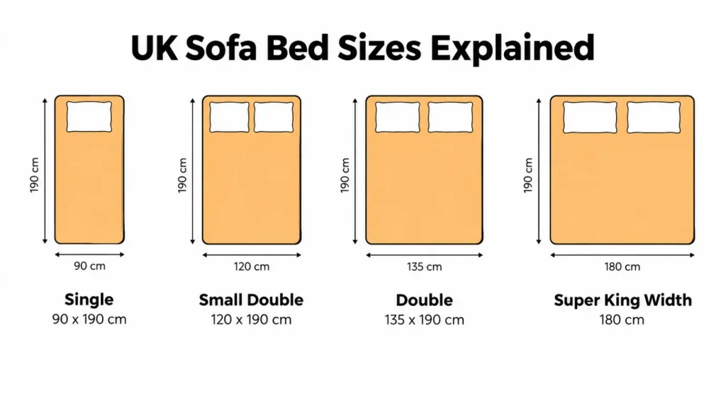 Infographic comparing UK sofa bed sizes: single, small double, double and super king width in cm