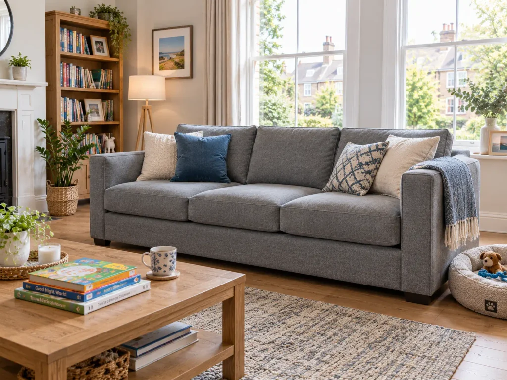 Easy-clean fabric sofa for UK family homes with kids and pets