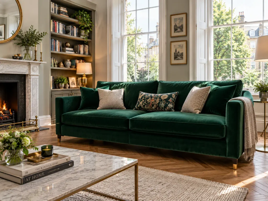 Emerald velvet sofa in a UK living room