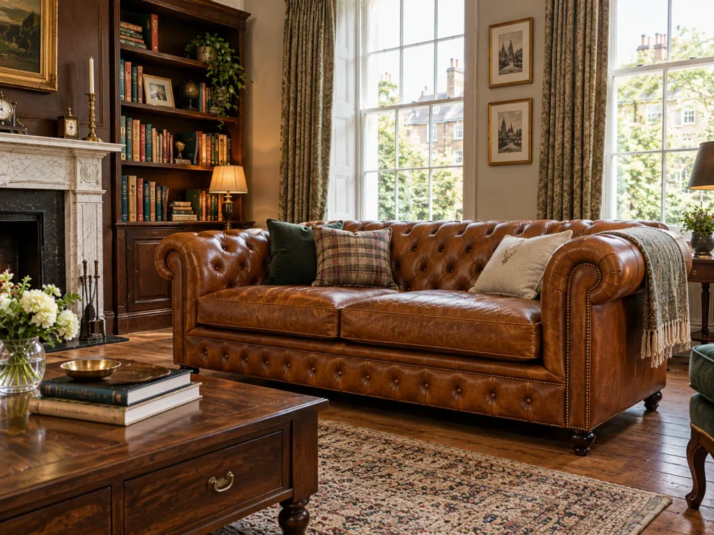 Genuine leather Chesterfield sofa in a UK home