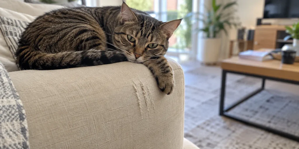 pet friendly sofa fabric UK with visible cat claw marks on a cream sofa armrest