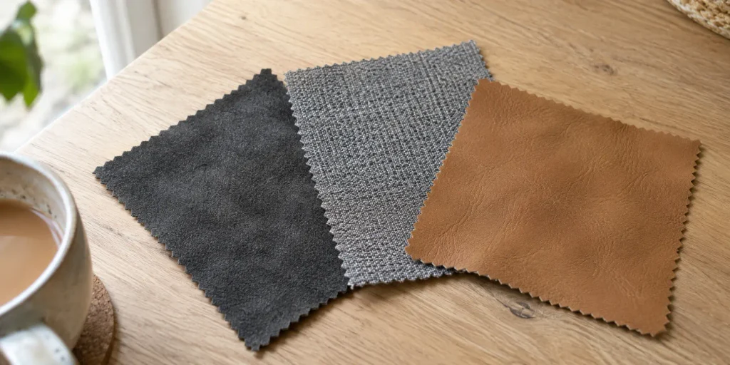 sofa fabric swatches for pets and kids UK including microfibre performance fabric and faux leather on a wooden table