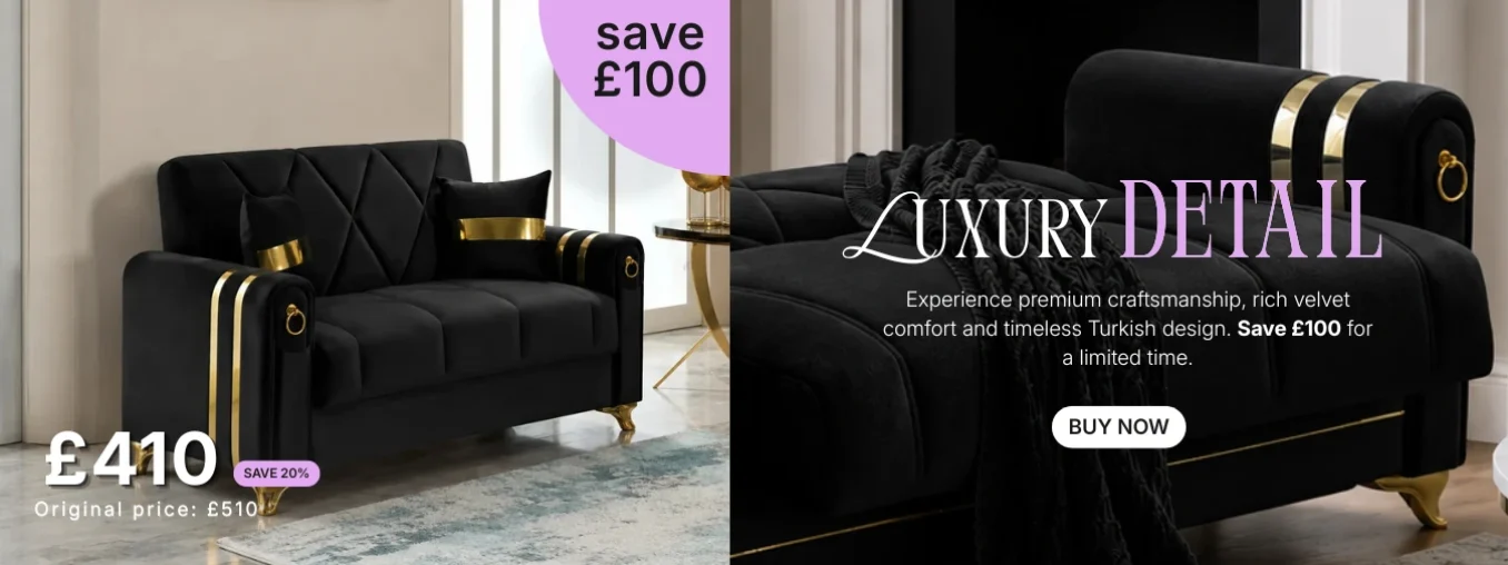 Turkish 2 Seater Sofa Bed in black velvet with gold accents
